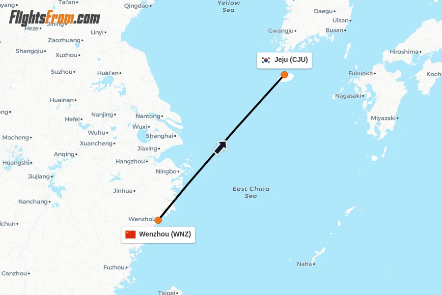 Flights from Wenzhou to Jeju route map