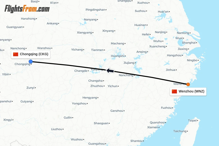 Flights from Wenzhou to Chongqing route map