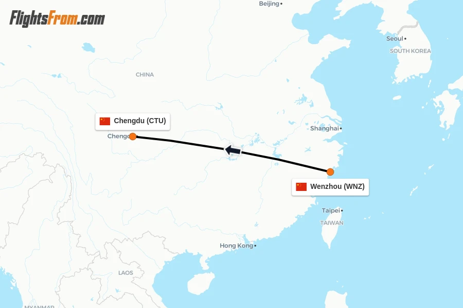 Flights from Wenzhou to Chengdu route map