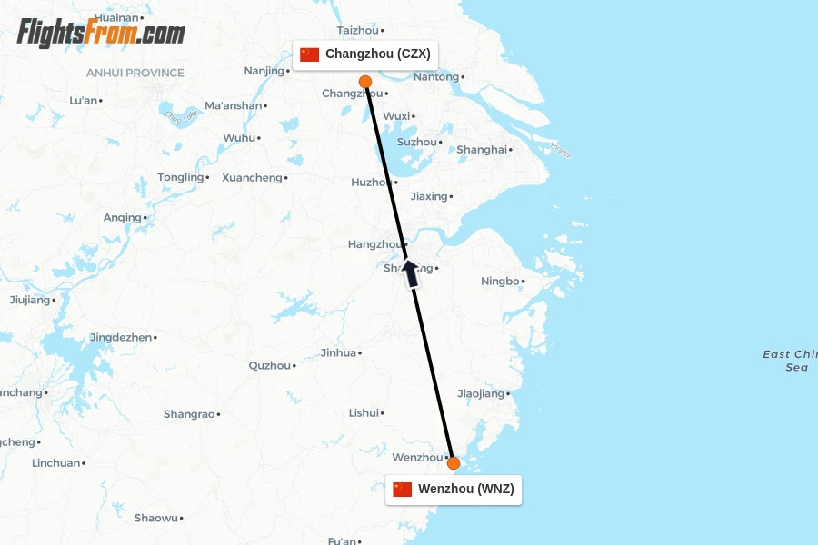 Flights from Wenzhou to Changzhou route map