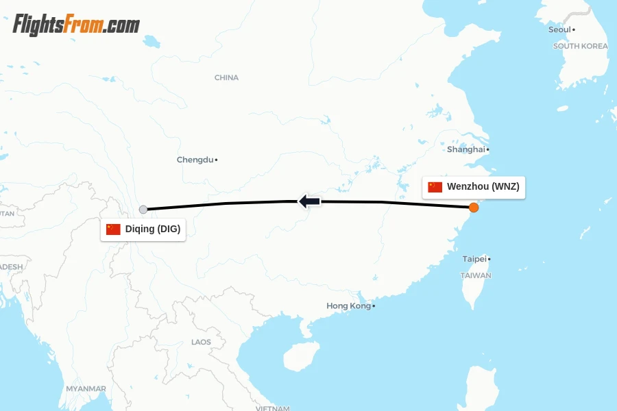 Flights from Wenzhou to Diqing route map
