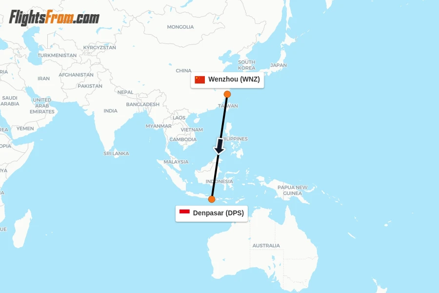 Flights from Wenzhou to Denpasar route map