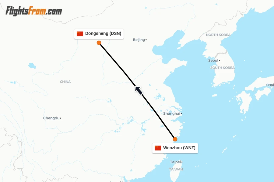 Flights from Wenzhou to Dongsheng route map