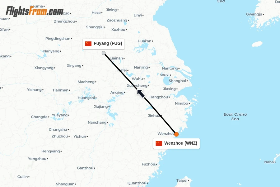 Flights from Wenzhou to Fuyang route map