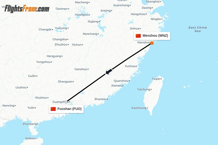 Flights from Wenzhou to Fuoshan route map