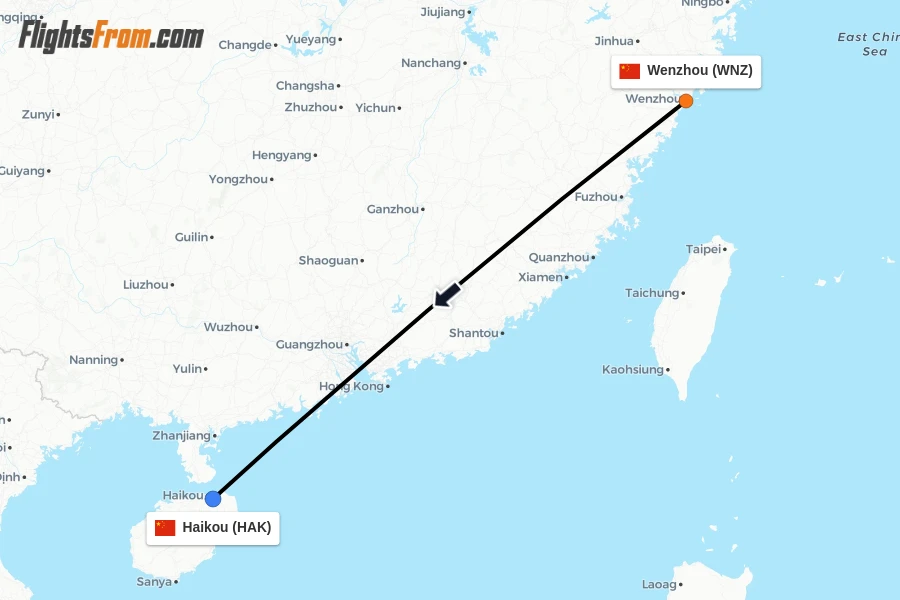 Flights from Wenzhou to Haikou route map