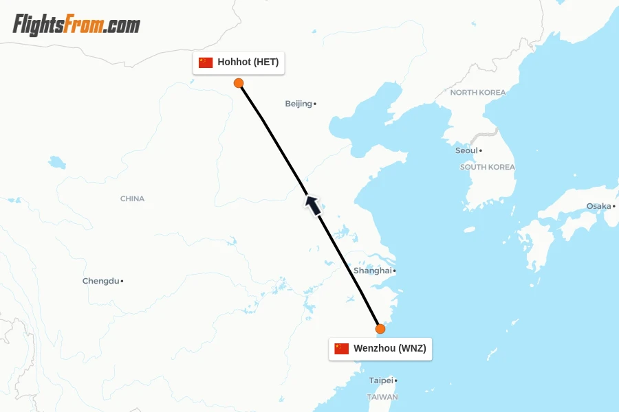 Flights from Wenzhou to Hohhot route map