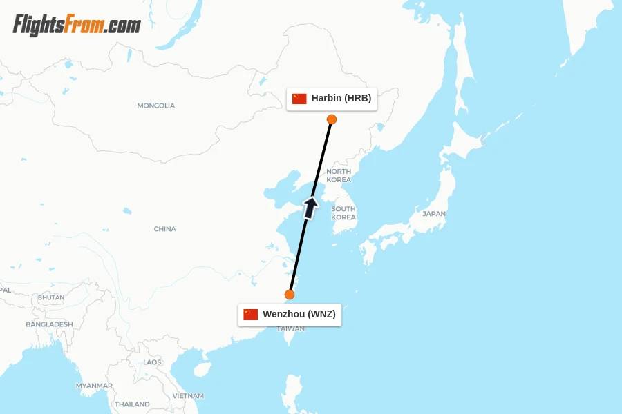 Flights from Wenzhou to Harbin route map