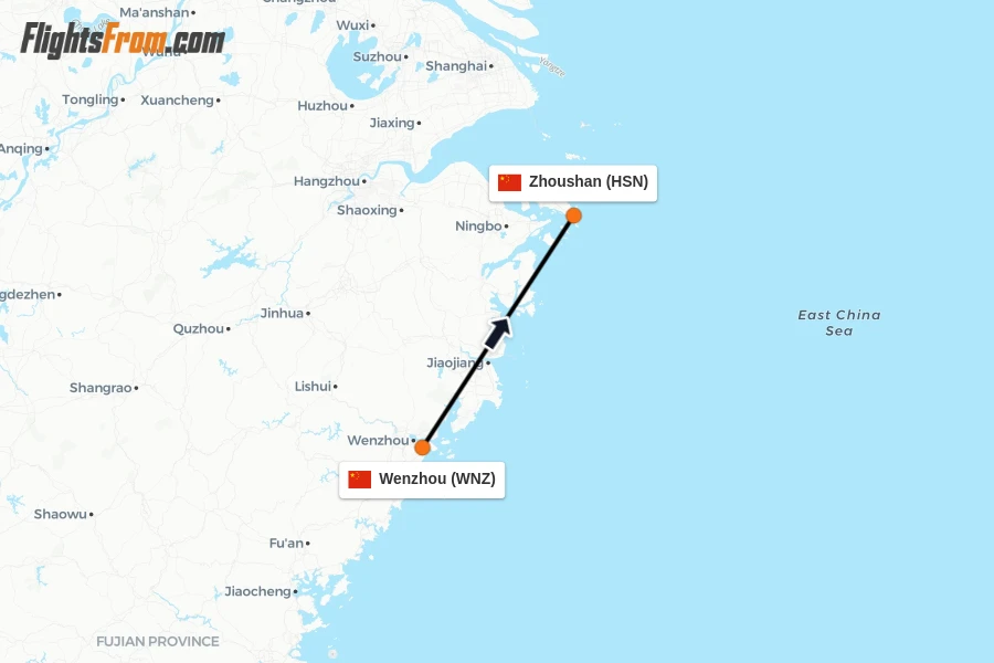 Flights from Wenzhou to Zhoushan route map