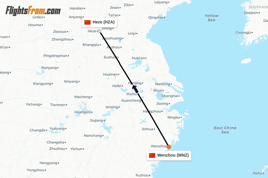Flights from Wenzhou to Heze route map