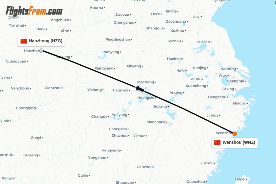 Flights from Wenzhou to Hanzhong route map