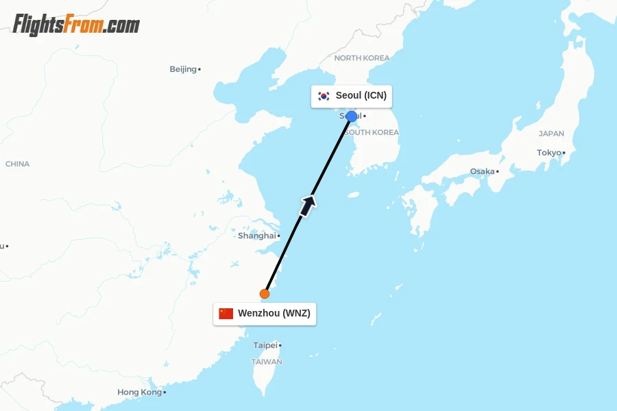 Flights from Wenzhou to Seoul route map