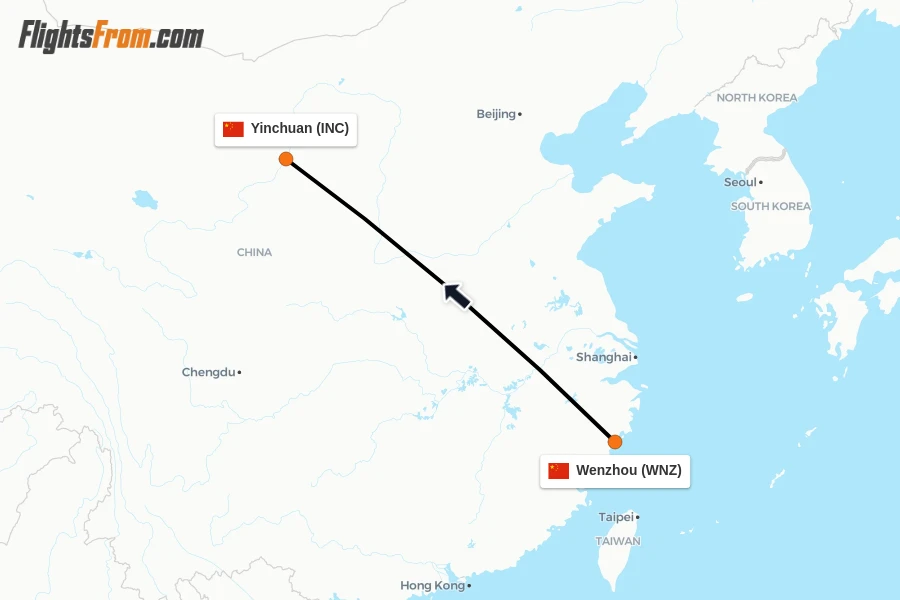 Flights from Wenzhou to Yinchuan route map