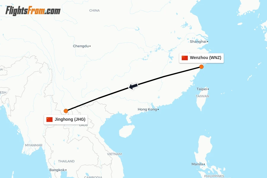 Flights from Wenzhou to Jinghong route map