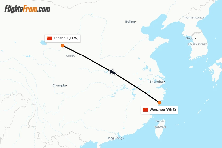 Flights from Wenzhou to Lanzhou route map