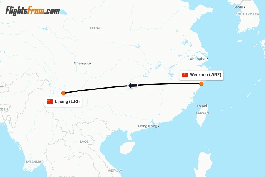 Flights from Wenzhou to Lijiang route map