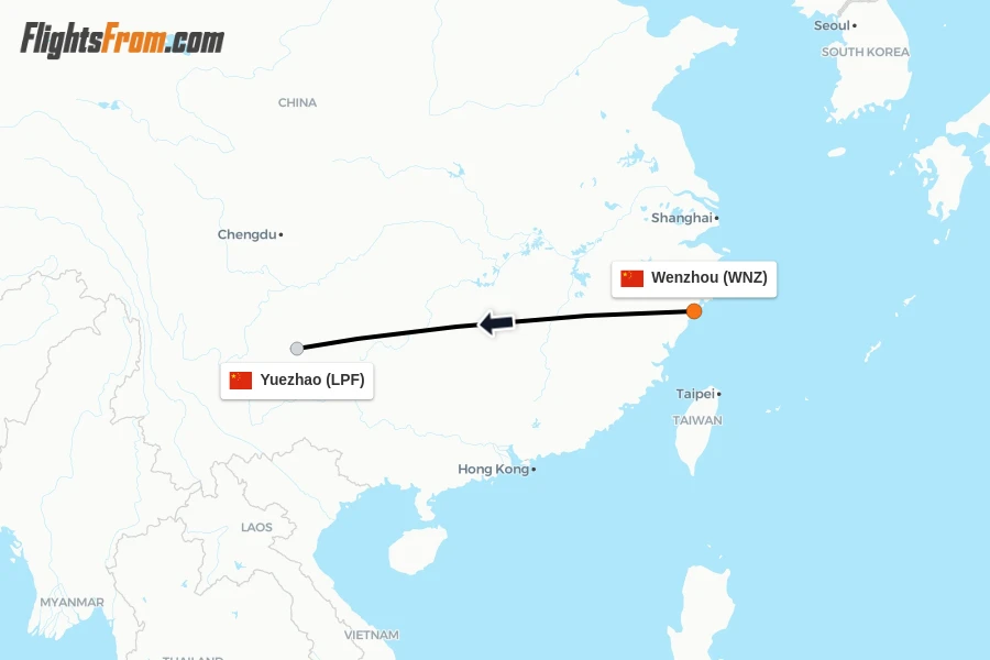 Flights from Wenzhou to Yuezhao route map