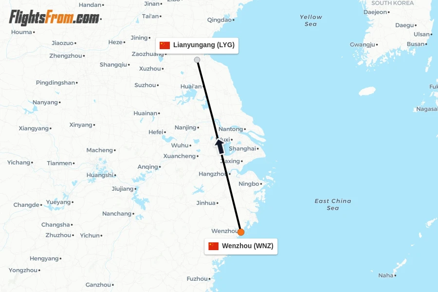Flights from Wenzhou to Lianyungang route map