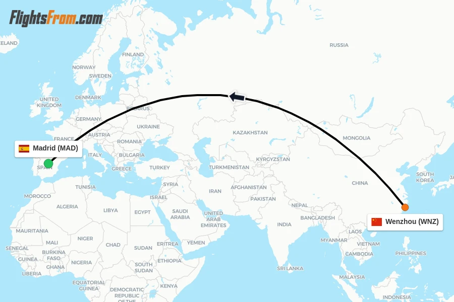 Flights from Wenzhou to Madrid route map