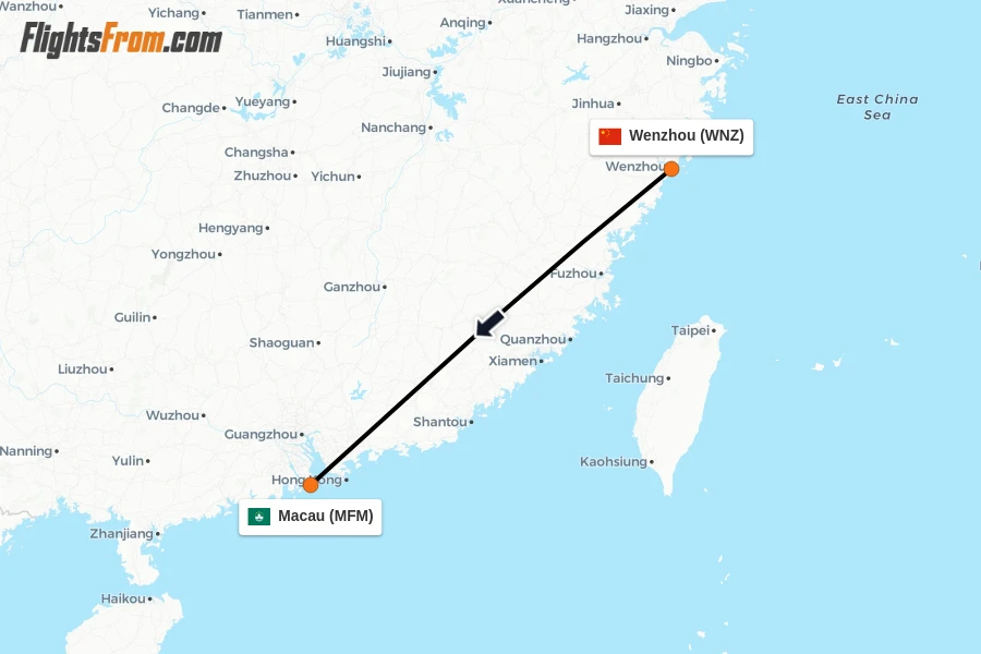 Flights from Wenzhou to Macau route map