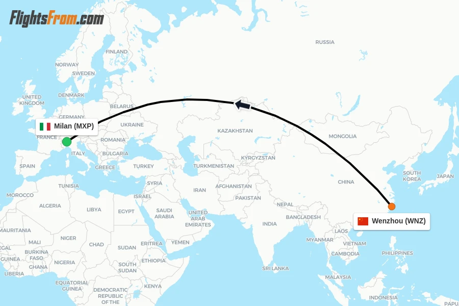 Flights from Wenzhou to Milan route map