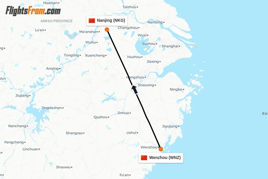 Flights from Wenzhou to Nanjing route map