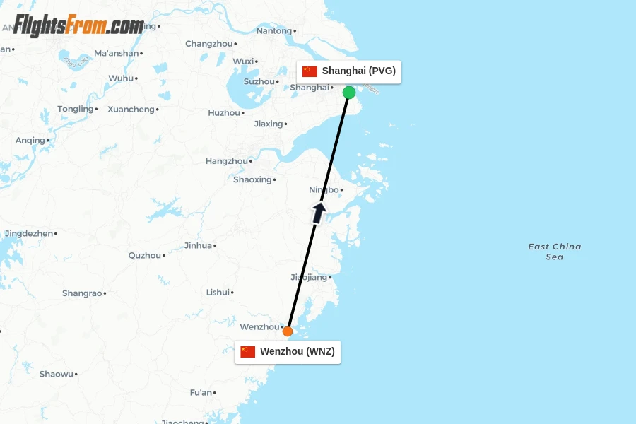 Flights from Wenzhou to Shanghai route map