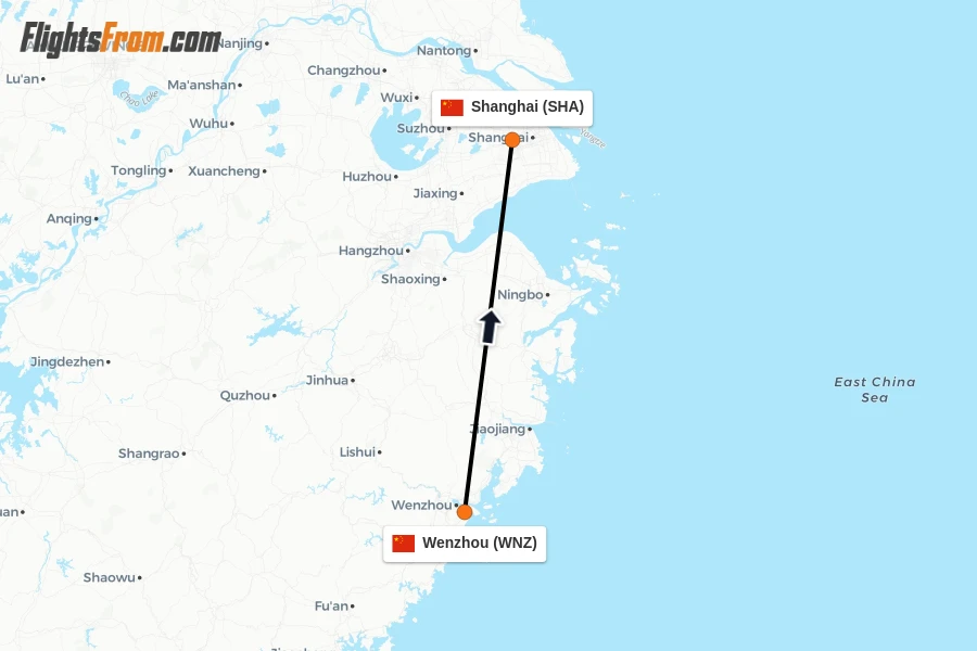 Flights from Wenzhou to Shanghai route map