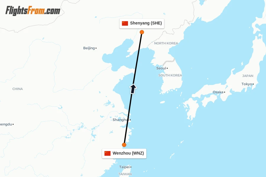 Flights from Wenzhou to Shenyang route map