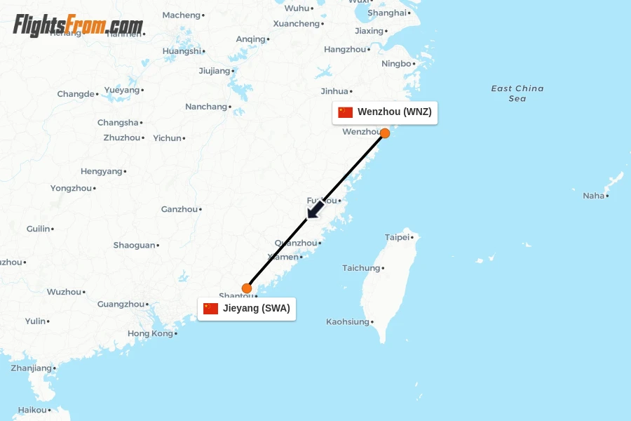 Flights from Wenzhou to Jieyang route map