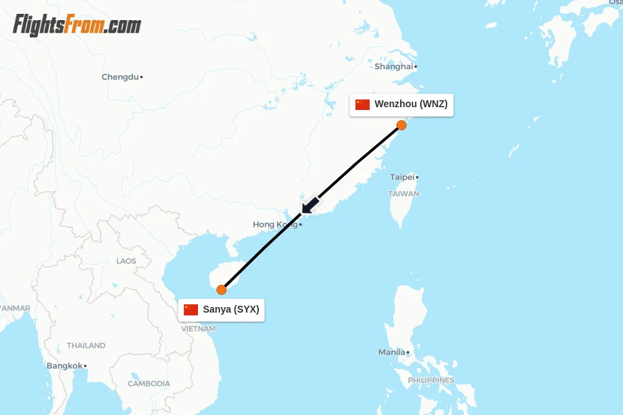 Flights from Wenzhou to Sanya route map