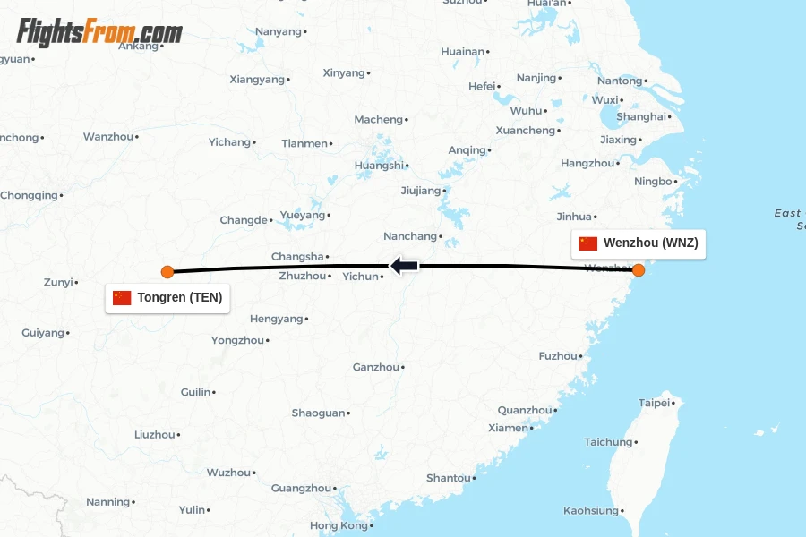 Flights from Wenzhou to Tongren route map