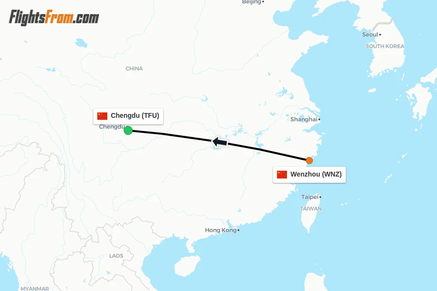 Flights from Wenzhou to Chengdu route map