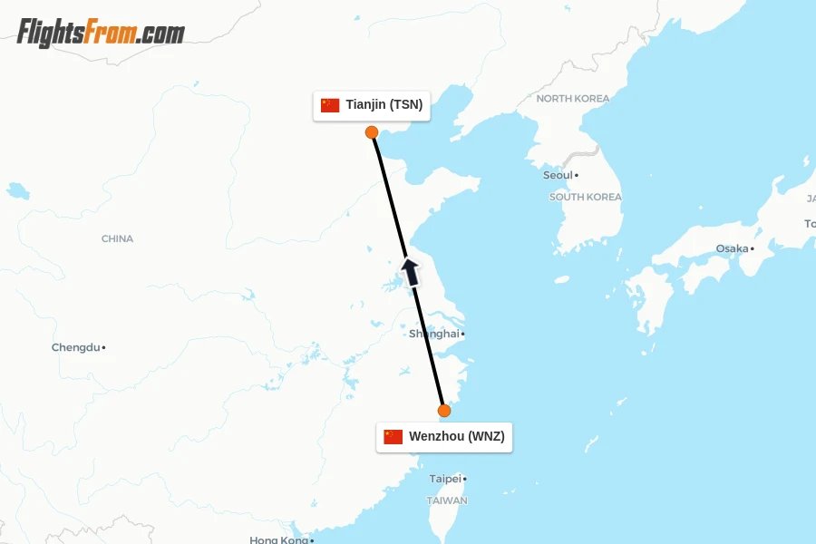 Flights from Wenzhou to Tianjin route map