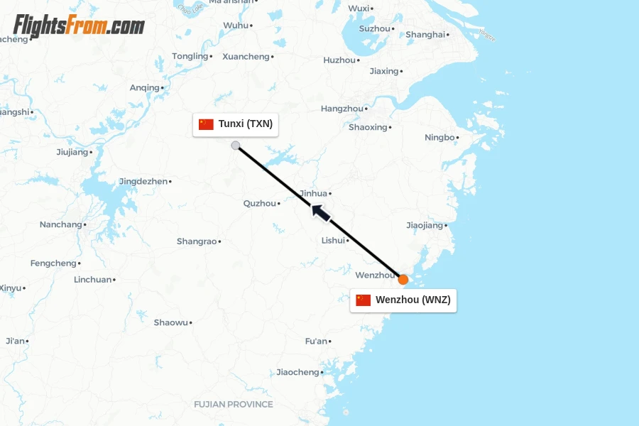Flights from Wenzhou to Tunxi route map