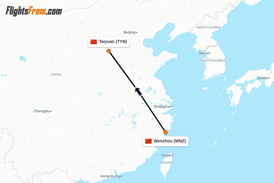 Flights from Wenzhou to Taiyuan route map