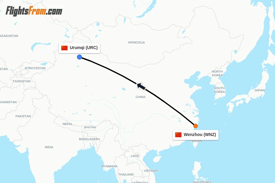 Flights from Wenzhou to Urumqi route map