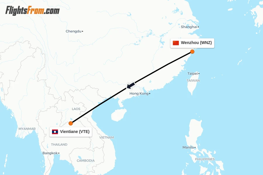Flights from Wenzhou to Vientiane route map