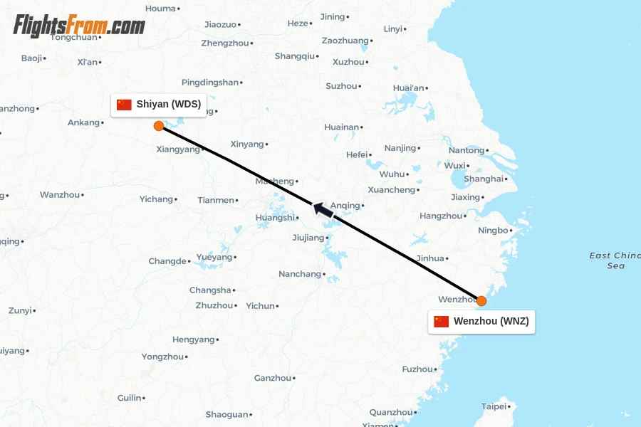Flights from Wenzhou to Shiyan route map