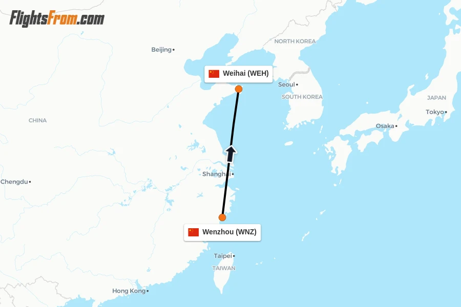 Flights from Wenzhou to Weihai route map