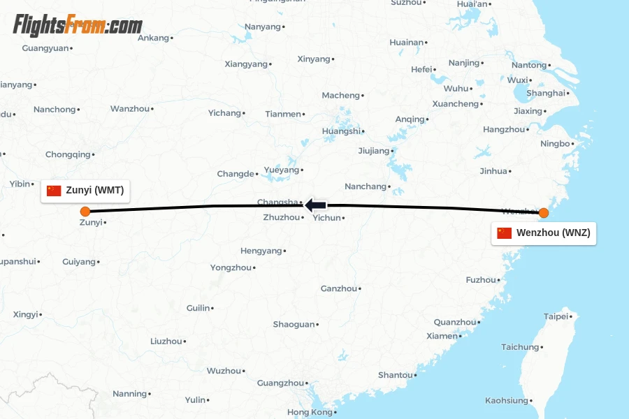 Flights from Wenzhou to Zunyi route map