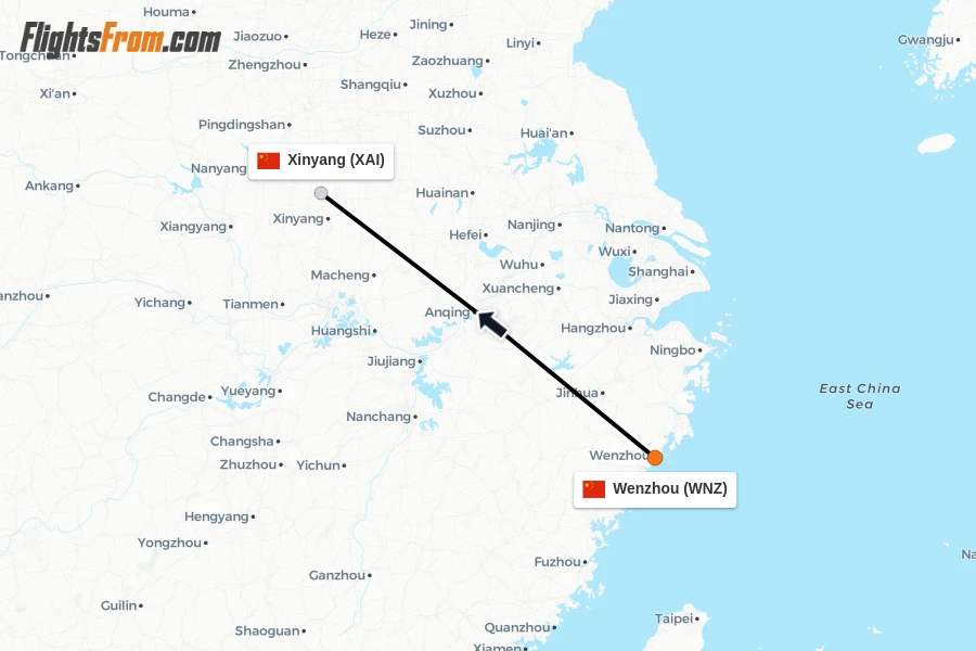 Flights from Wenzhou to Xinyang route map
