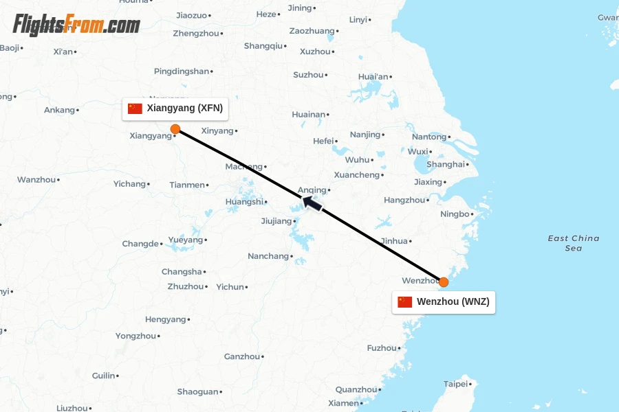 Flights from Wenzhou to Xiangyang route map