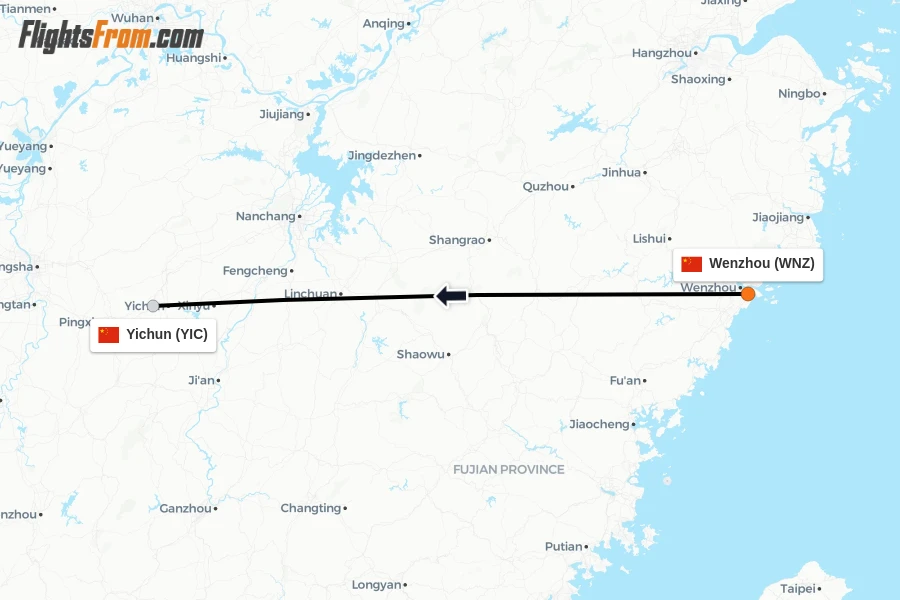 Flights from Wenzhou to Yichun route map
