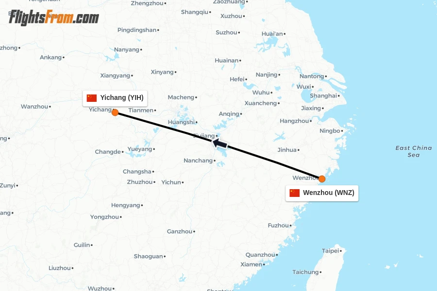 Flights from Wenzhou to Yichang route map