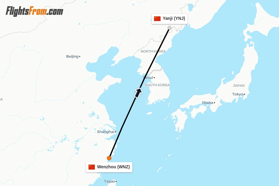 Flights from Wenzhou to Yanji route map
