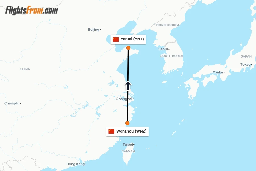 Flights from Wenzhou to Yantai route map