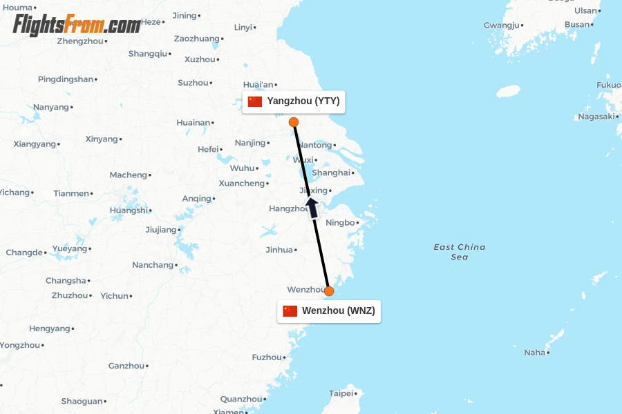 Flights from Wenzhou to Yangzhou route map