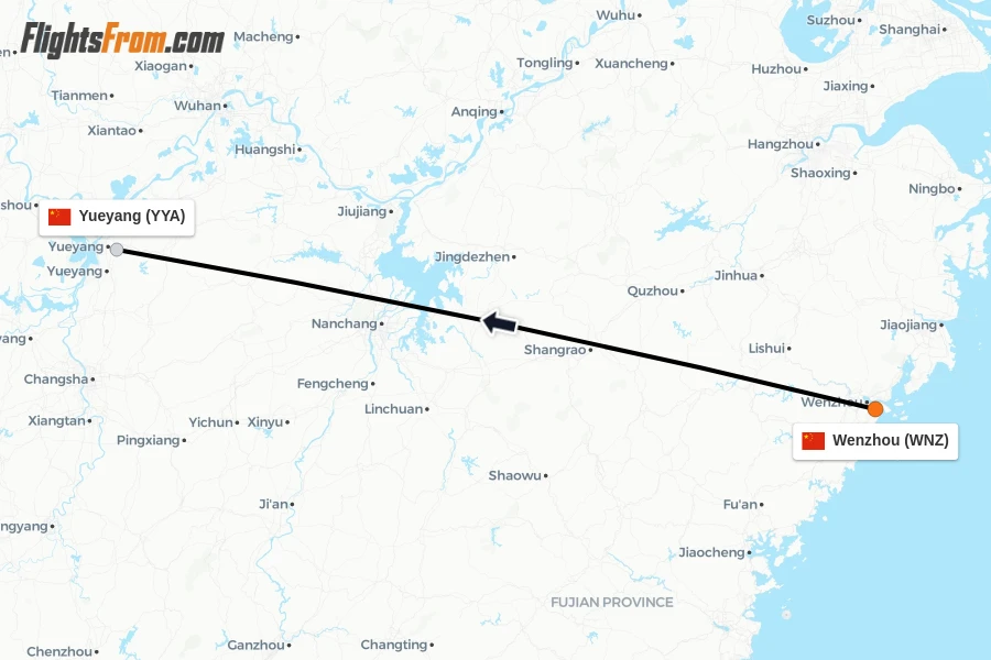 Flights from Wenzhou to Yueyang route map