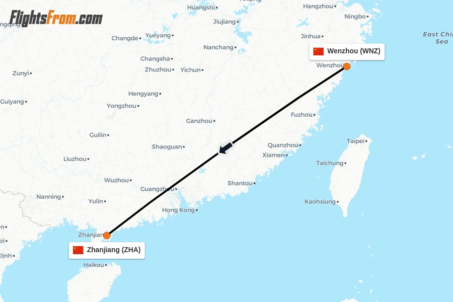 Flights from Wenzhou to Zhanjiang route map